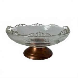 Princess House clear glass footed candy dish with a copper-plated base.